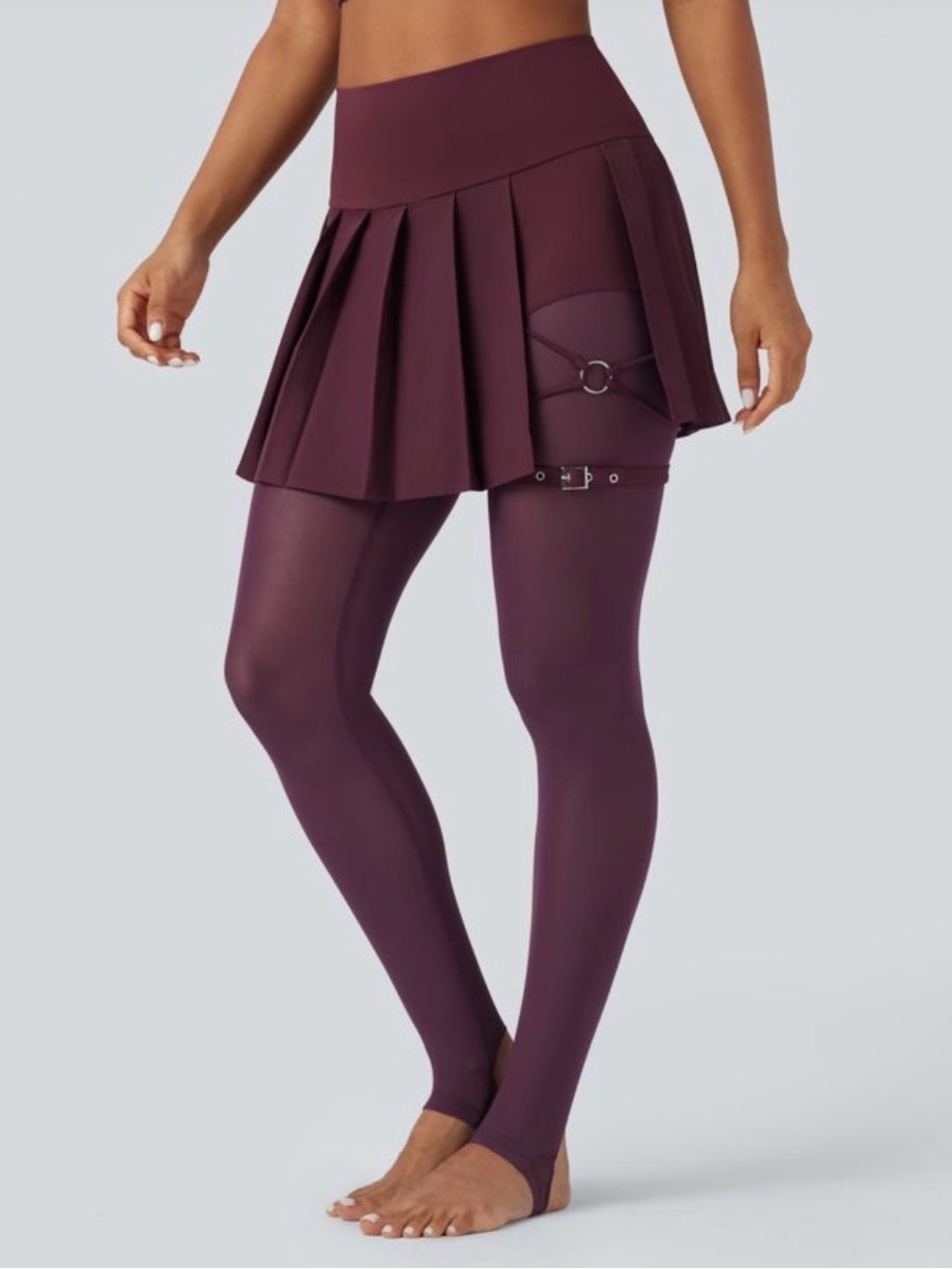 Plum Pleated Skirted Leggings with Thigh Harness